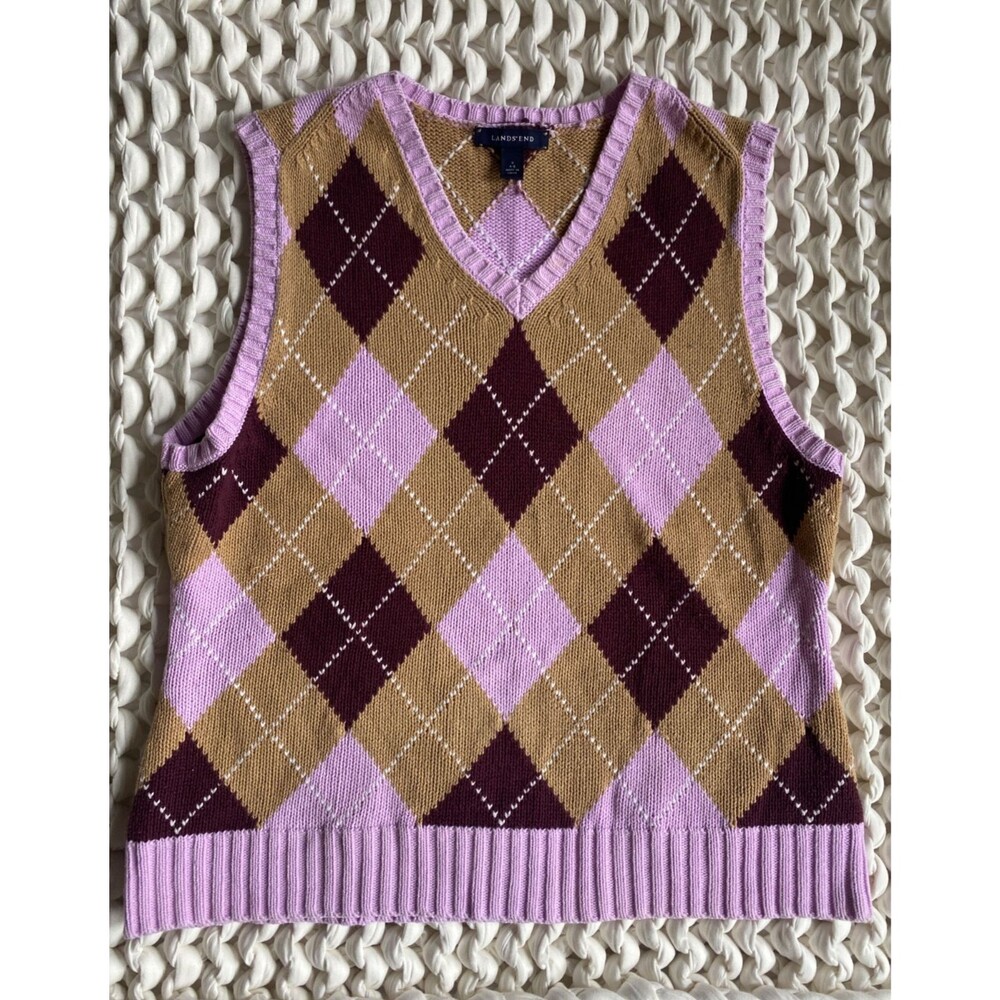 Lands’ End Argyle Sweater Vest Pink Camel Burgundy Preppy Golf Academia S (6-8)